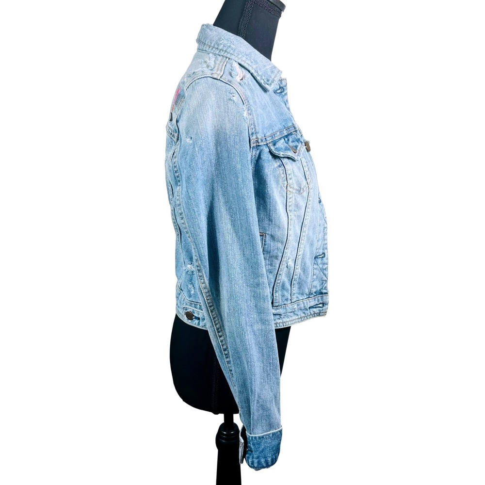 American Eagle Distressed Denim Jacket Aztec Embroidered Back Small Petite - Picture 2 of 10